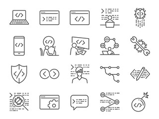 Developer icon set. Included the icons as code, programmer coding, mobile app, api, node connect, flow, logic, web coder, bug fix and more
