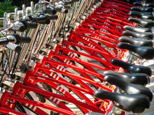 Row Of Red Bikes For Bicycle Sharing
