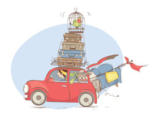 Moving To A New Home / Girl Is Transporting Things And Pets In A Small Car, Vector Illustration