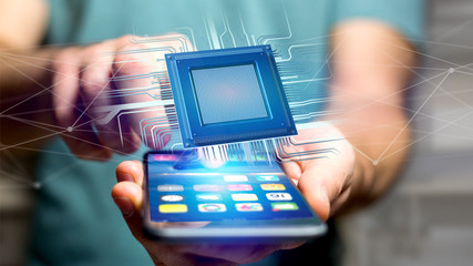 Poster - Businessman using a smartphone with a Processor chip and network connection - 3d render