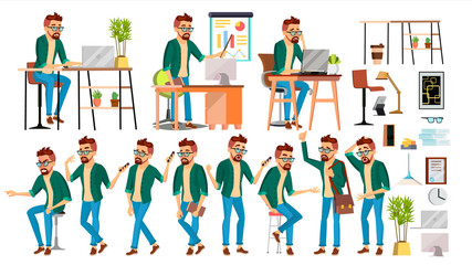 Wall Mural - Business Man Character Vector. Hipster Working People Set. Office, Creative Studio. Worker. Full Length. Programmer, Designer, Manager. Poses, Face Emotions. Cartoon Business Character Illustration