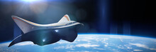 Modern Spaceship In Orbit Of Planet Earth, Shuttle Orbiting The Blue Planet (3d Science Fiction Illustration Banner)