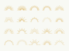 Sunburst Set Gold Style Isolated On White Background For Logo, Tag, Stamp, T Shirt, Banner, Emblem. Vector Illustration 10 Eps