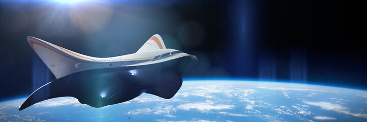 Wall Mural - modern spaceship in orbit of planet earth, shuttle orbiting the blue planet (3d science fiction illu