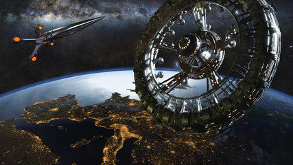 Wall Mural - artificial gravity space station in orbit of planet earth, spaceship over europe (3d science fiction