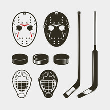 Set Of Hockey Equipment And Gear. Helmet, Mask And Puck. Vector Illustration