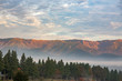 Mountain range with green pine and fog  in Aso, Kumamoto, Japan in early winter at sunrise