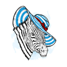 A Beautiful Zebra In A Beach Hat. An Animal In Summer Clothes. Hipster. Vector Illustration.