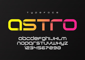 Poster - Astro futuristic minimalist display font design, alphabet, typeface, letters and numbers, typography.