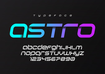 Poster - Astro futuristic minimalist display font design, alphabet, typeface, letters and numbers, typography.