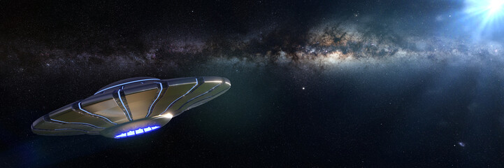 Wall Mural - ufo, alien spaceship in outer space, advanced extraterrestrial life in the milky way galaxy (3d scie