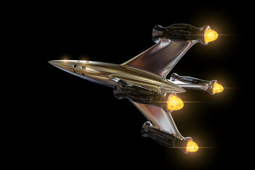Wall Mural - spaceship, beautiful and shiny starship fliyng into outer space (3d render isolated on black backgro