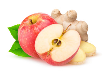 Poster - Cut red apple and ginger isolated on white background with clipping path
