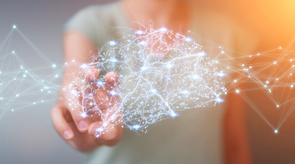 Poster - Businesswoman using digital x-ray human brain interface 3D rendering