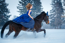 Young Girl In Blue Dress Galloping Horseback On Winter Field. Romantic Or Historical Equestrian Background With Copy Space