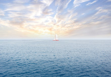 Beautiful Seascape With Alone Yacht And Dramatic Sky.