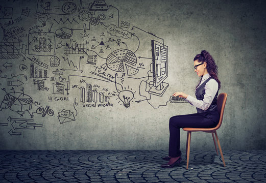 businesswoman working in an office brainstorming business plan