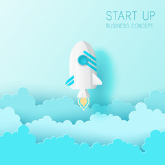 Poster - Paper art of space shuttle launch to the sky. Blue sky, fluffy paper cloud. Rocket launch. Start up business concept and exploration idea