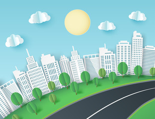 Poster - Paper art background with city view. Fluffy paper clouds, road, green lawn with trees, scyscrapers. Trendy origami paper cut style. Vector illustration