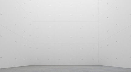 Poster - Abstract of minimal architecture space with rhythm of white concrete block and light and shadow of the sun,3D render	