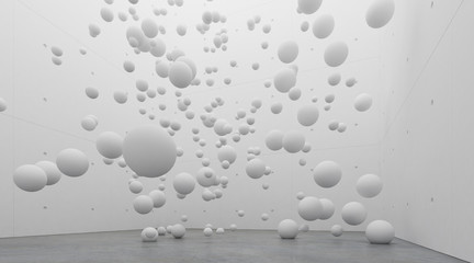 Poster - Abstract of architecture space with white sphere ball are falling from sky to the ground with light and shadow of the sun,3D render	