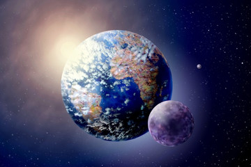 Wall Mural - 3D illustration planet Land, Sun and Moon in outer spaces