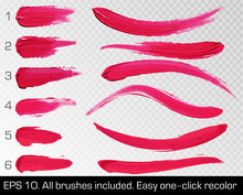 Red Smears Lipstick Set Texture Brush Strokes Isolated On White Transparent Background. Make Up. Vector Illustration. Beauty And Cosmetics Colorful Collection, Hand Drawn Design Element.