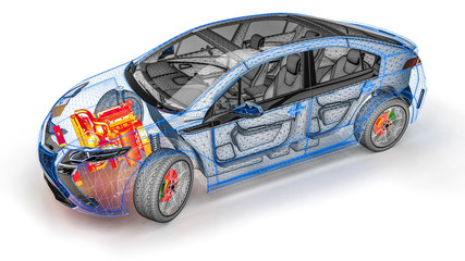 engine scan in an wire frame car/3D render representing a scan of a car with an the engine in thermal color 