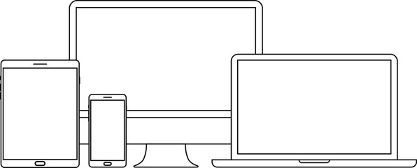 Device and gadget line art set. Laptop, smartphone, modern portable and compact personal computer machines for home and office work. Vector line art device illustration