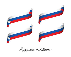 Set of four modern colored vector ribbons with Russian tricolor isolated on white background, flag of Russia, Russian ribbons