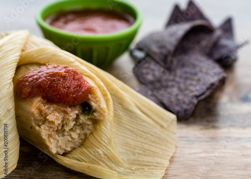 Fotografia, Obraz Tamale served with blue corn tortillas and tomato sauce side view crop