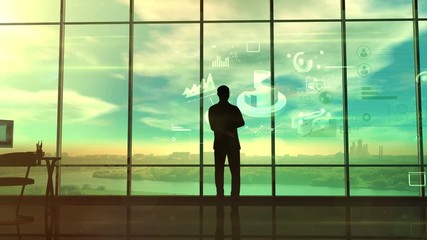 Wall Mural - A man observes business processes on infographic