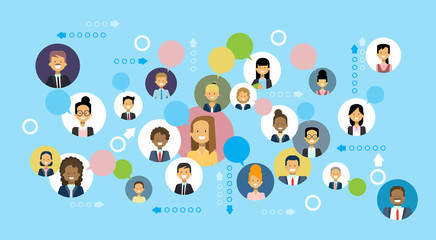 Poster - business people icons network communication and team cooperation concept flat vector illustration