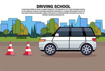 Wall Mural - Driving School Poster, Car On Road, Auto Drive Education Practice Exam Concept Flat Vector Illustration