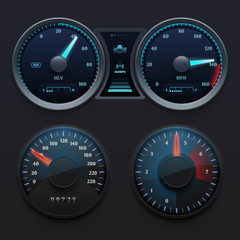 Poster - realistic car dashboard speedometers with dial meter. rapid symbols vector set