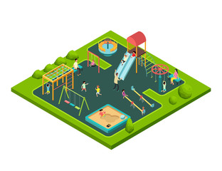 Canvas Print - Children playing with parents on kids playground with game equipment. Isometric cartoon vector with 3d little people