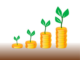 green plant on stack gold coin ,illustration vector.