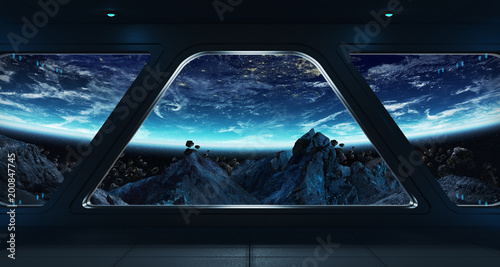 Spaceship Futuristic Interior With View On Planet Earth