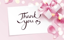Thank You Card With Rose Petals And Gift Box On Pink Background.  Vetor Illustration