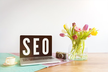 Wall Mural - Laptop with SEO writing on wooden desk with white background