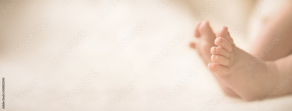 Newborn baby feet on creamy blanket. Mom and her child. Maternity, family, birth concept. Copy space for your text. Banner - obrazy, fototapety, plakaty 