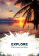 Background and design, with a splash effect, with a photograph of a beautiful sunset beach and a place for text