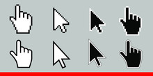 White Arrow And Pointer Hand Cursor Icon Set. Pixel And Modern Version Of Cursors Signs. Symbols Of Direction And Touch The Links And Press The Buttons. Isolated On Gray Background Vector Illustration