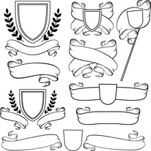 Heraldic Ribbons And Crest Isolated. Outline Monochrome Coat Of Arms On White