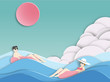 men and girl floating on beautiful sea background paper cut style .candy color vector style.