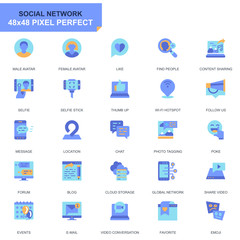 Poster - Simple Set Social Media and Network Flat Icons for Website and Mobile Apps. Contains such Icons as Avatar, Blogging, Selfie, Friendship. 48x48 Pixel Perfect. Editable Stroke. Vector illustration.