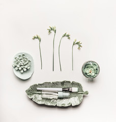 Wall Mural - modern natural cosmetic beauty concept. green skin care equipment with herbs, flowers, succulents, f