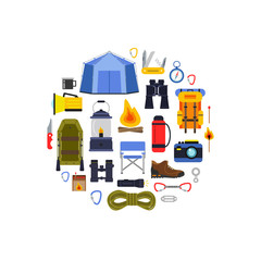 Poster - Vector flat style camping elements gathered in circle illustration