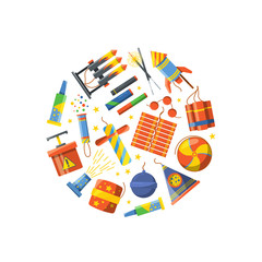 Sticker - Vector cartoon pyrotechnics gathered in circle illustration