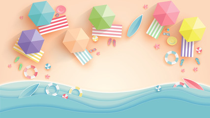 top view beach background with umbrellas,balls,swim ring,sunglasses,surfboard, hat,sandals,juice,starfish and sea. aerial view of summer beach in paper craft style.paper cut and craft style. vector.